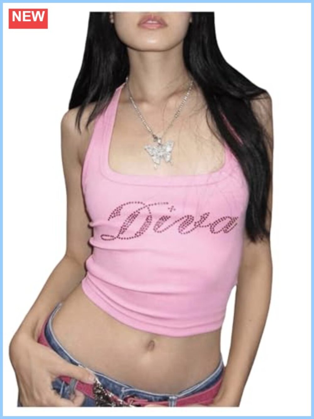 SHENHE Ribbed Knit Rhinestone Letter Print Racerback Crop Tank Top Women's